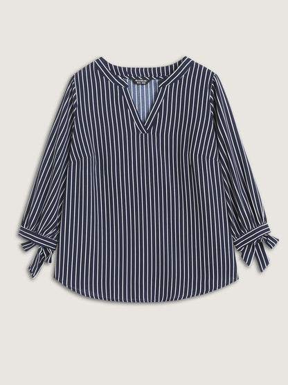 Striped Notched Collar Sleeve Tie Blouse