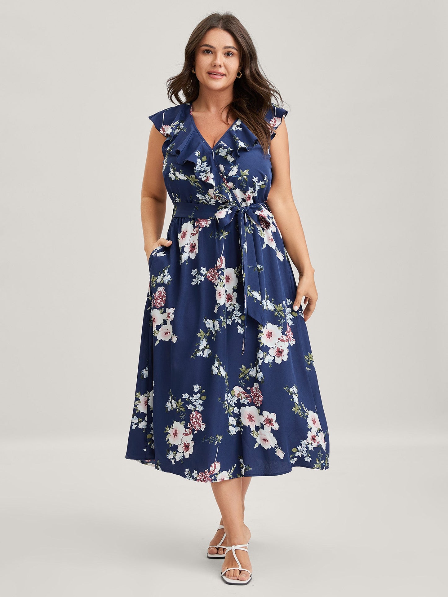 Floral Belted Waist Ruffled Pockets Midi Dress