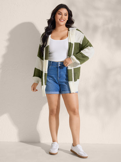 Textured Color Stripes Hooded Knit Cardigan