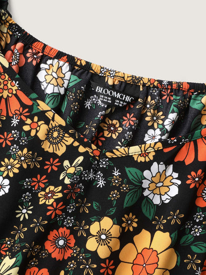 Bright Floral Print Sweetheart Neckline Midi Dress