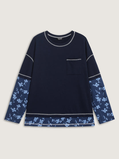 Patchwork Sleeve Floral Spliced Sweatshirt