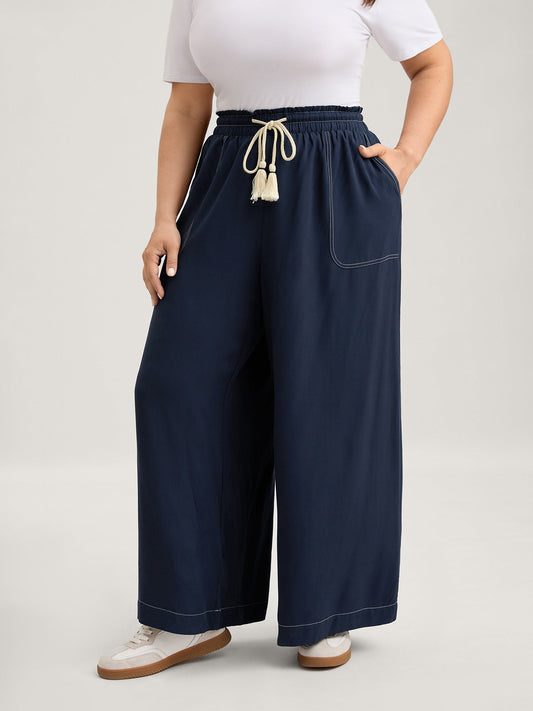 Contrast Thread Detail Wide-Leg Pants