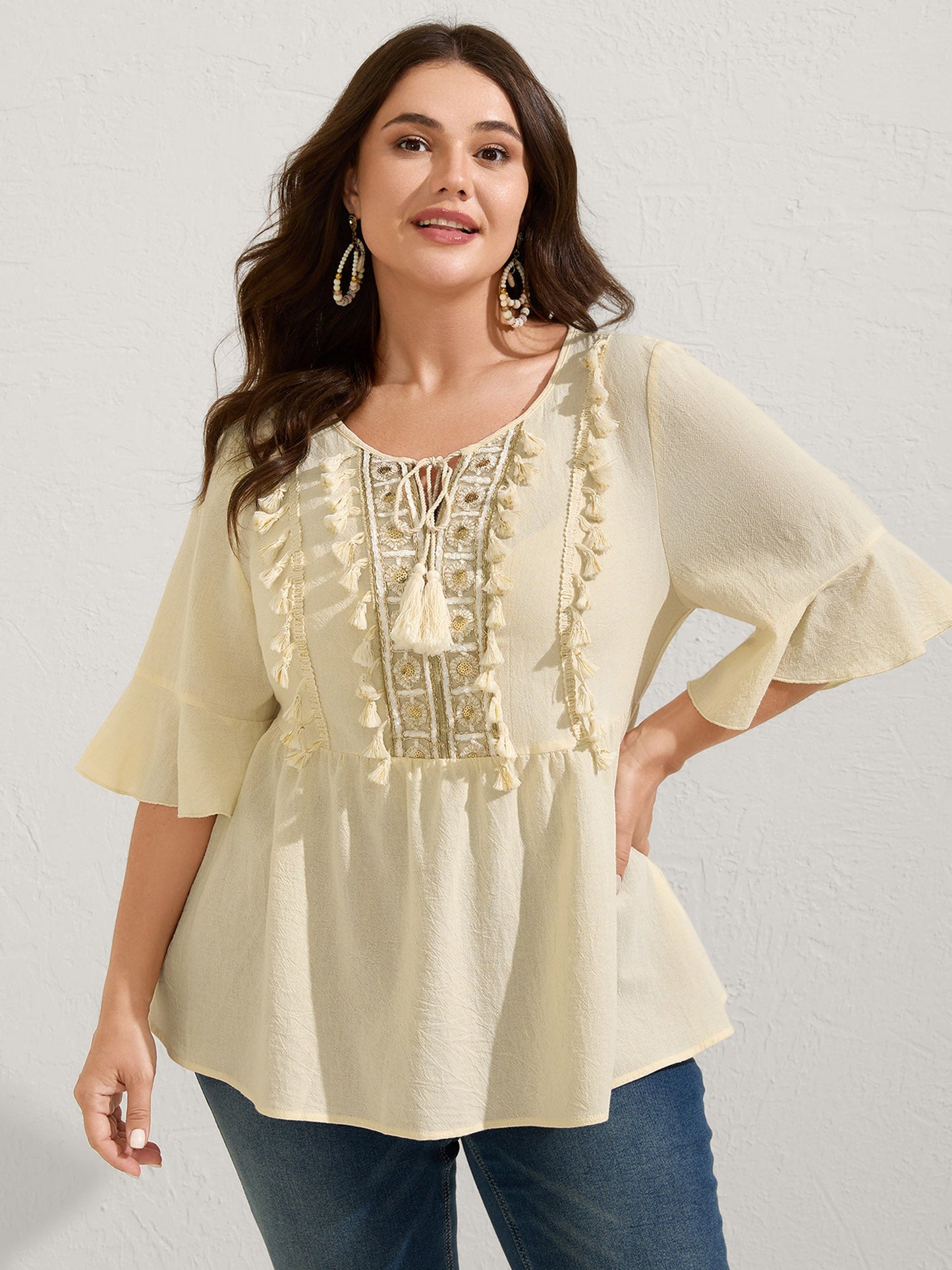 Cotton Tassel Neckline Ruffled Sleeve Solid Top