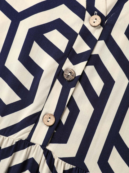 Rayon Geometric Pattern Button Midi Dress