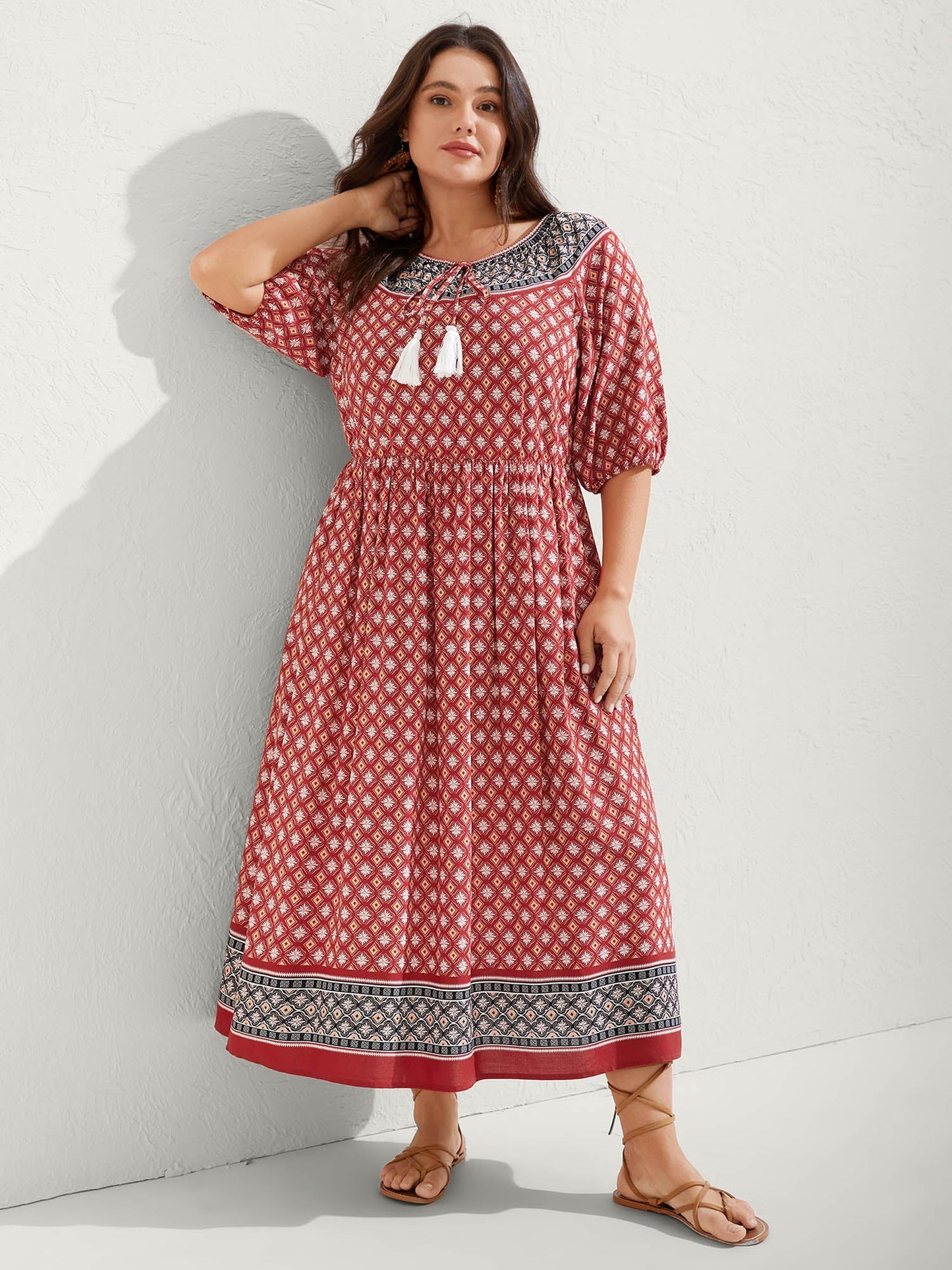 Rayon Boho Print Neck Tie Midi Dress
