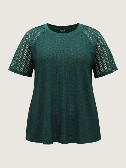 Eyelet Trim Lace Cut-Out Solid T-Shirt