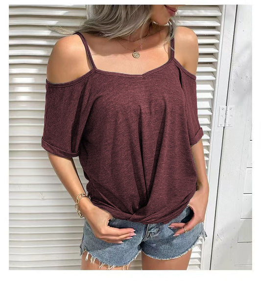 Color Cotton Off Shoulder Short Sleeve Top T-Shirt