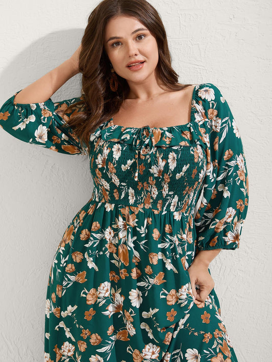 Rayon Floral Shirred Stretchy Waist Midi Dress