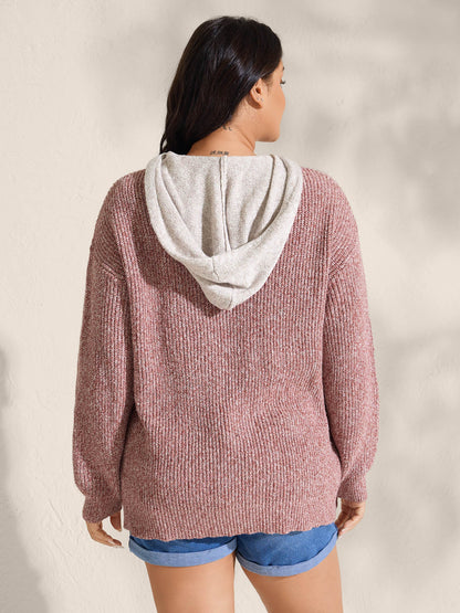 Textured Hooded Color Contrast Pullover