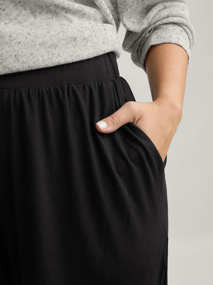 Solid Elastic Waist Wide Leg Lounge Bottoms