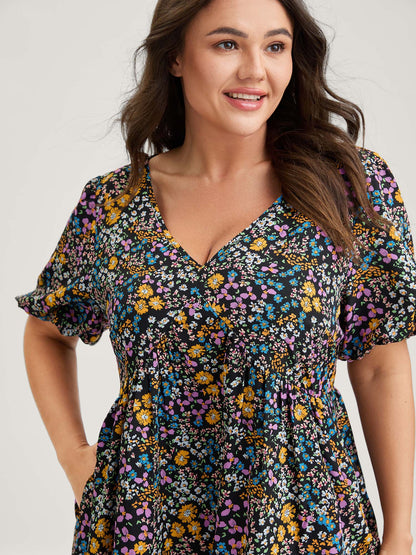 Floral Print Deep V-Neck Midi Dress