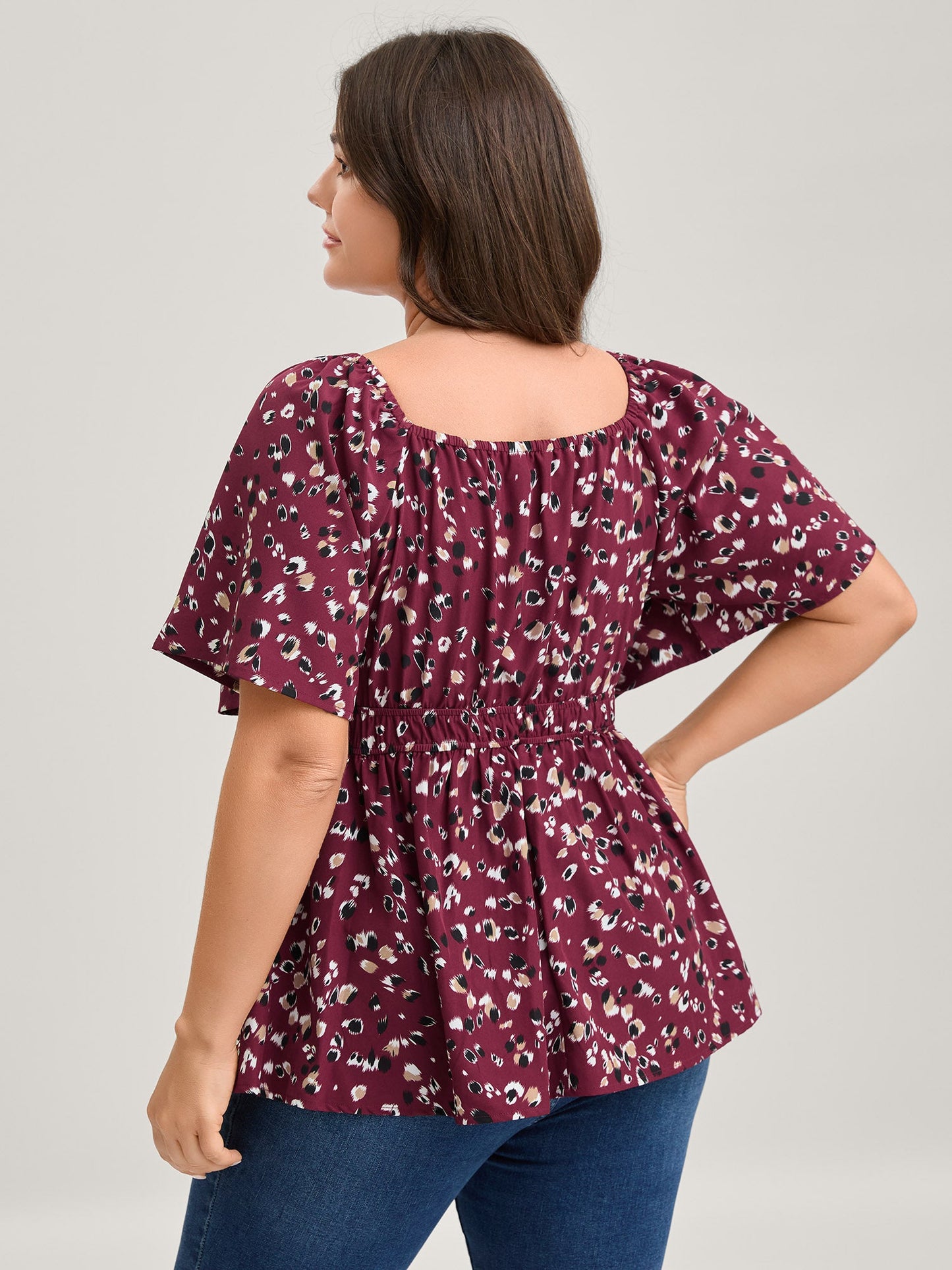 Leopard Brushed Print Neck Drawstring Blouse