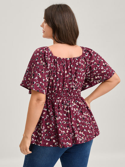 Leopard Brushed Print Neck Drawstring Blouse