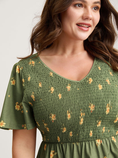Floral Shirred Tiered Knit Top