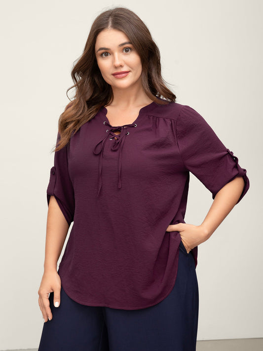 Adjustable Sleeve Neck Tie-Up Solid Blouse