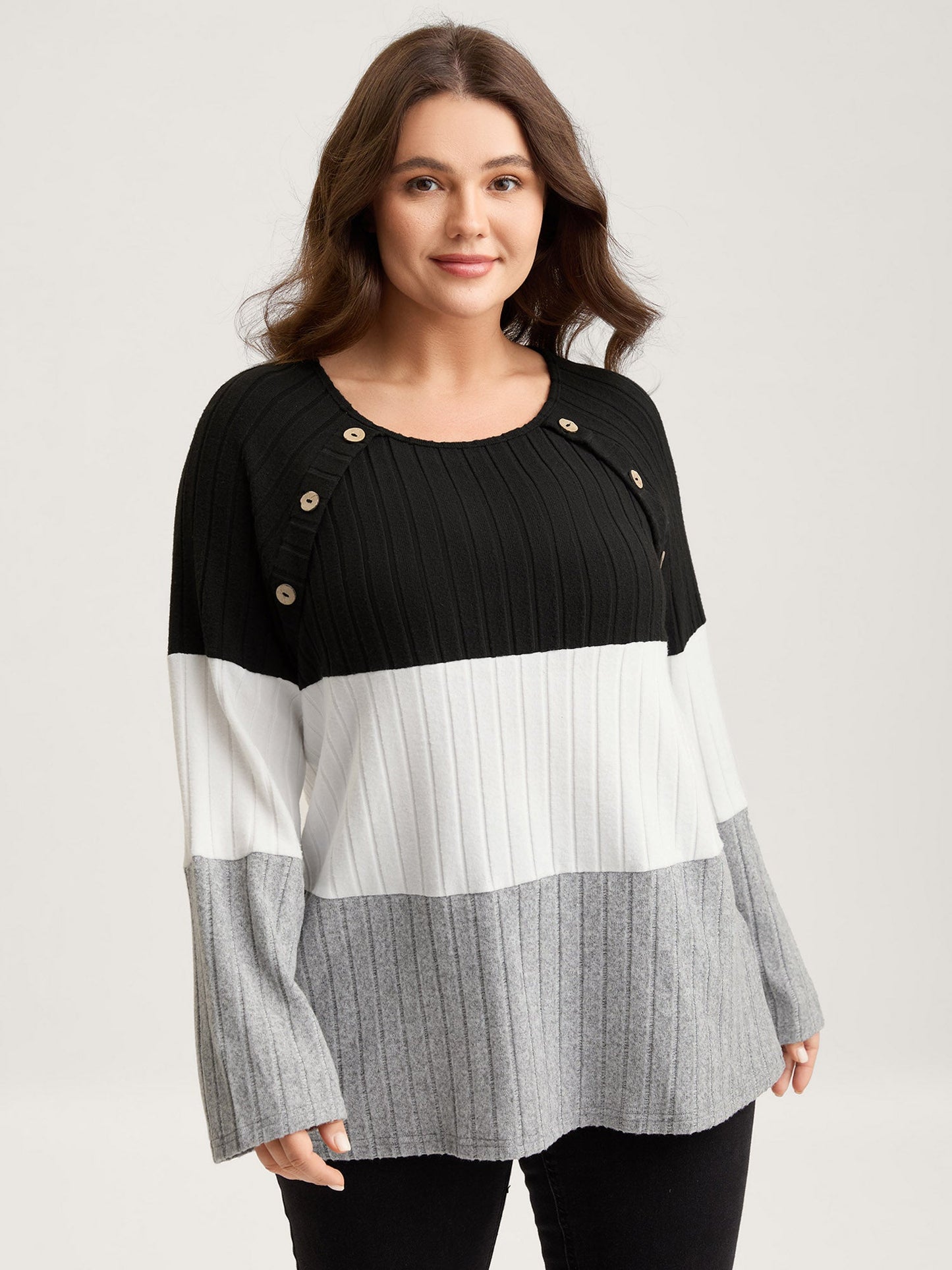 Monochrome Stripes Shoulder Button T-Shirt