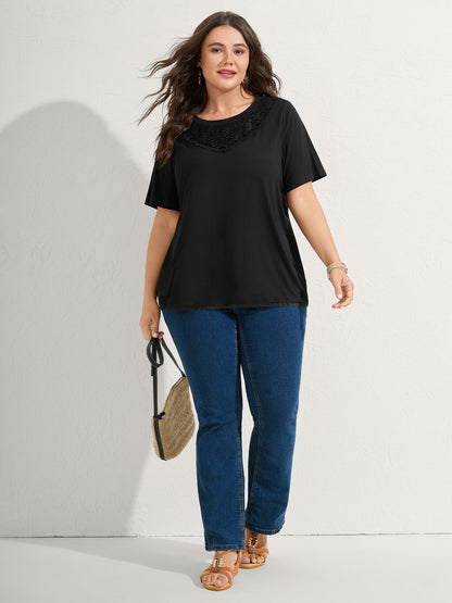 Lace Neck Flowy Sleeve Solid T-Shirt