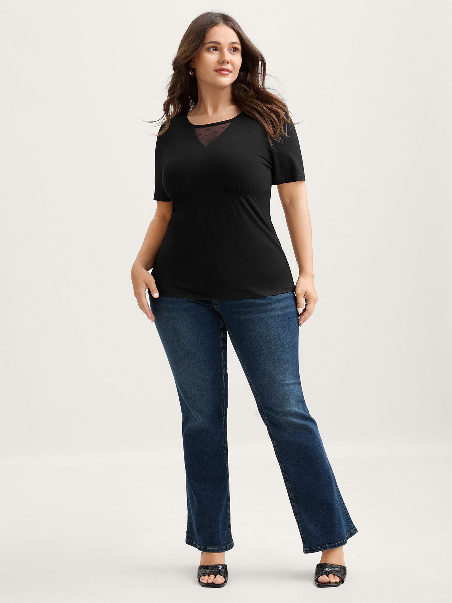 Textured Sheer Neck Slim-Fit Knit Top