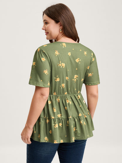 Floral Shirred Tiered Knit Top