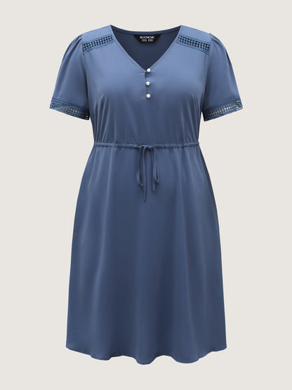 Lace Trim Waist-Drawstring Solid Midi Dress