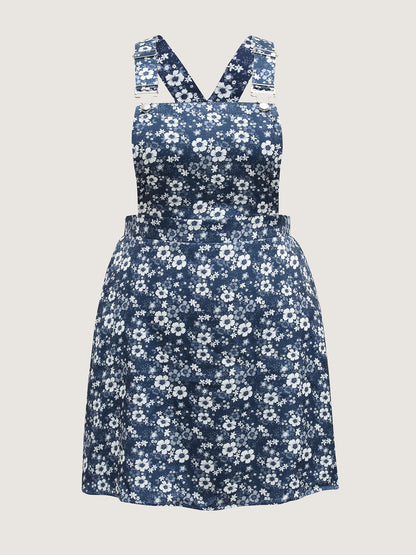 Floral Overall Straps Stretchy Waist Midi Dress