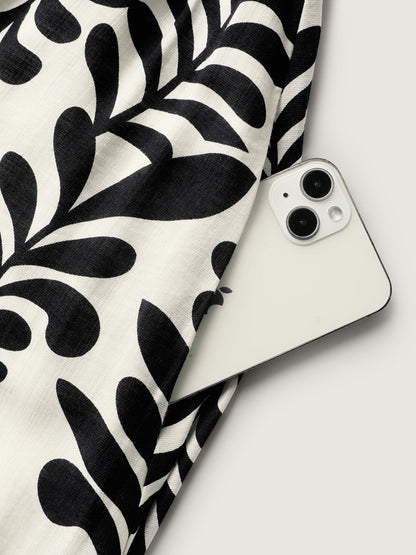 Leafy Print Shirred Waist Midi Dress