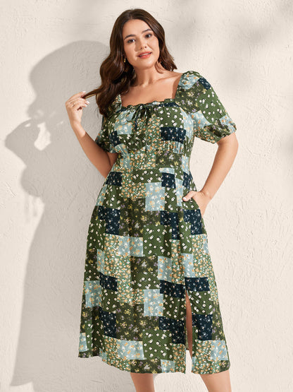 Floral Split Hem Neck Tie Midi Dress