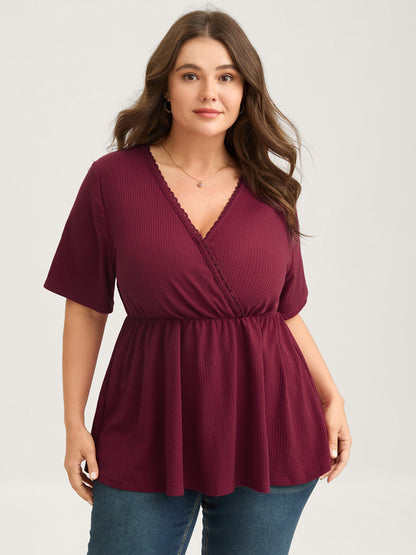 Ribbed Lace Surplice Flared Solid Blouse