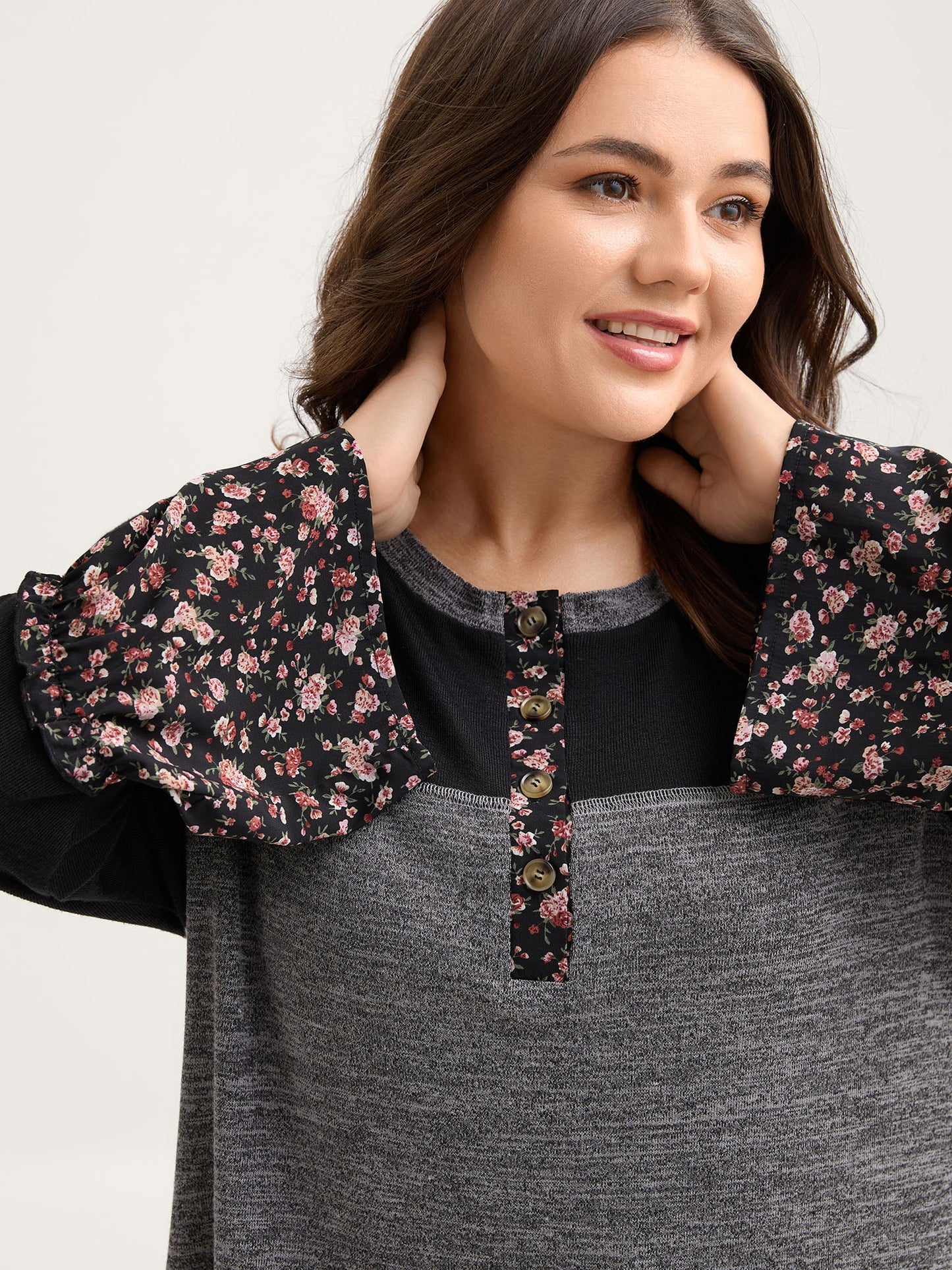 Floral Print Flared Sleeve Contrast Sweatshirt
