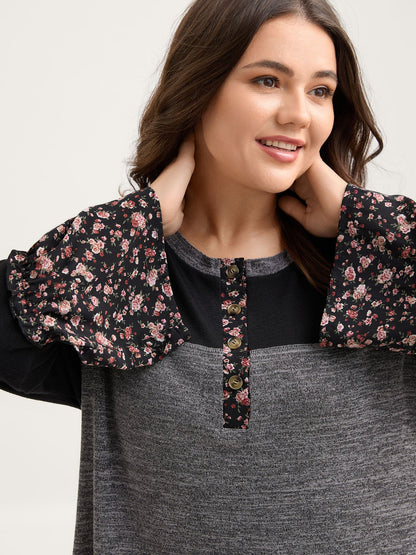 Floral Print Flared Sleeve Contrast Sweatshirt