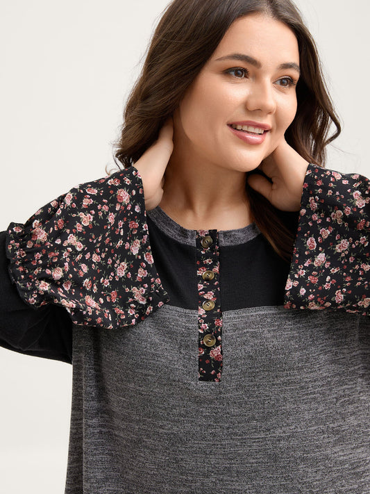 Floral Print Flared Sleeve Contrast Sweatshirt