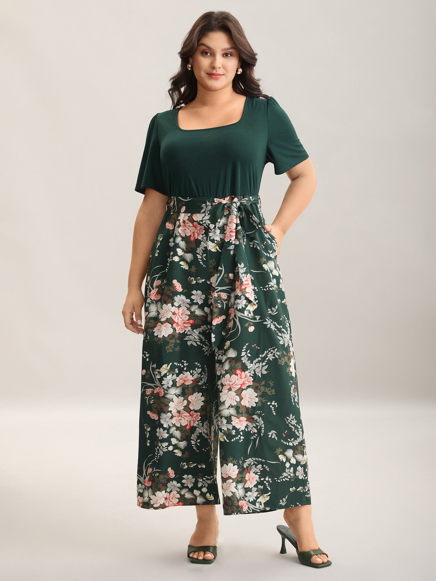 Color Contrast Belted Panel Pockets Jumpsuit