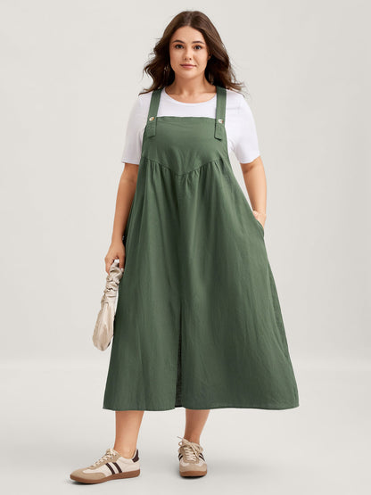 Overall Straps Front Slit Pockets Midi Dress