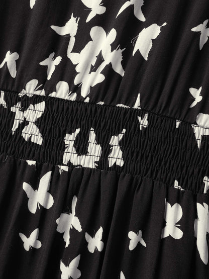 Rayon Monochrome Butterfly Stretchy Midi Dress