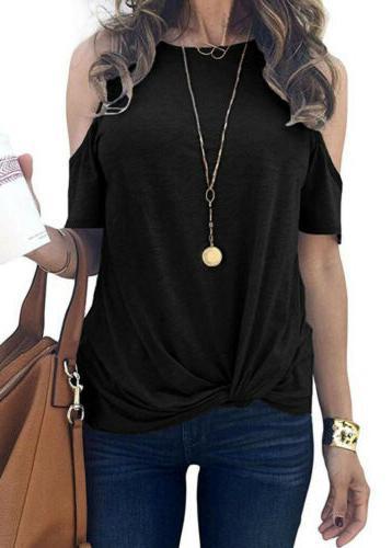 Round Collar Solid Button Off Shoulder Casual Short Sleeve T-Shirt