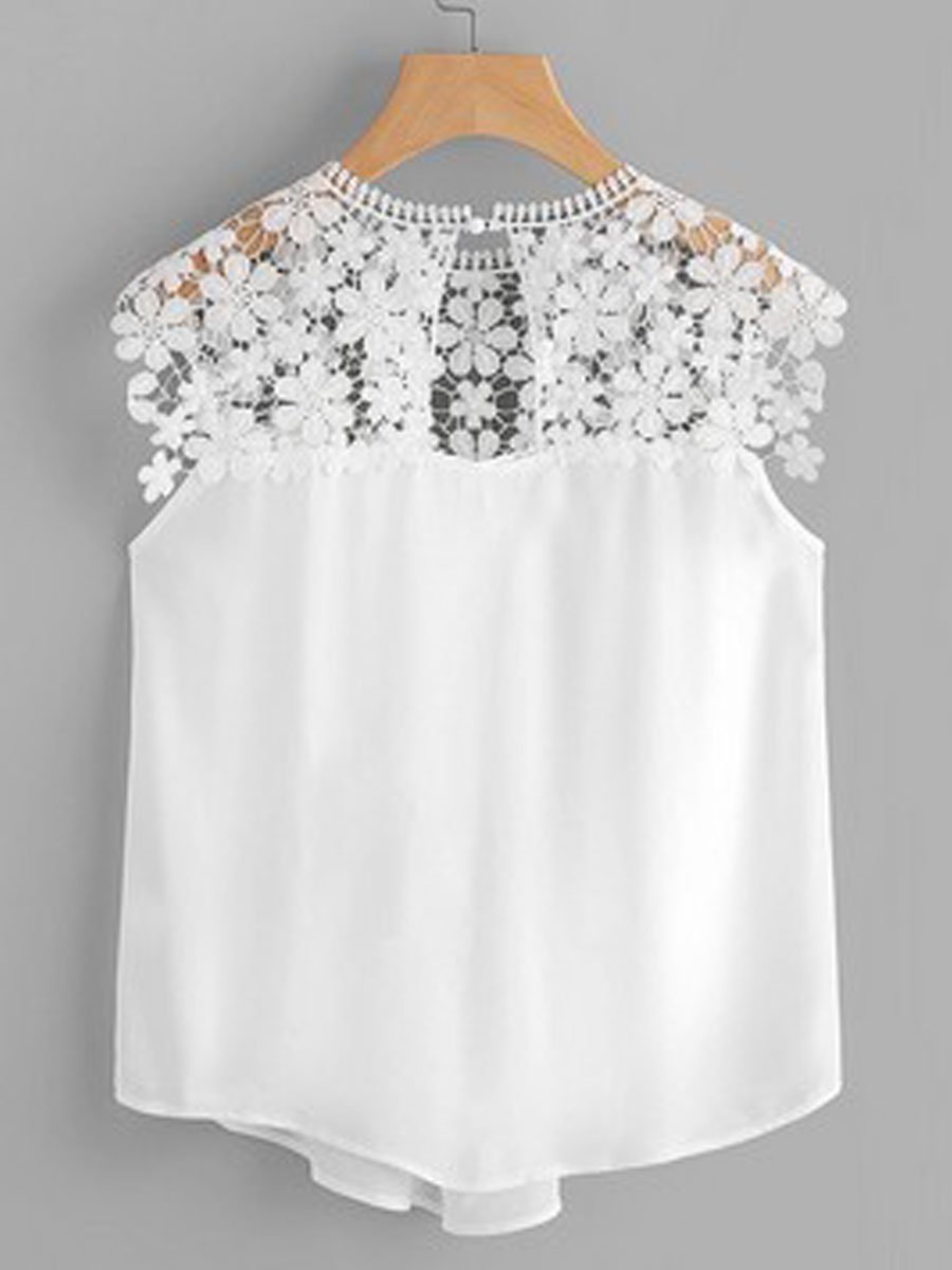 Round Neck  Decorative Lace See-Through Tops