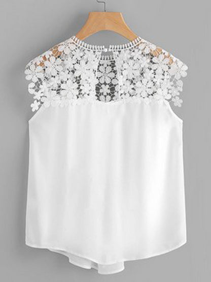 Round Neck  Decorative Lace See-Through Tops