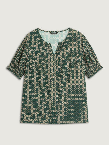 Floral Shirred Split Neckline Blouse