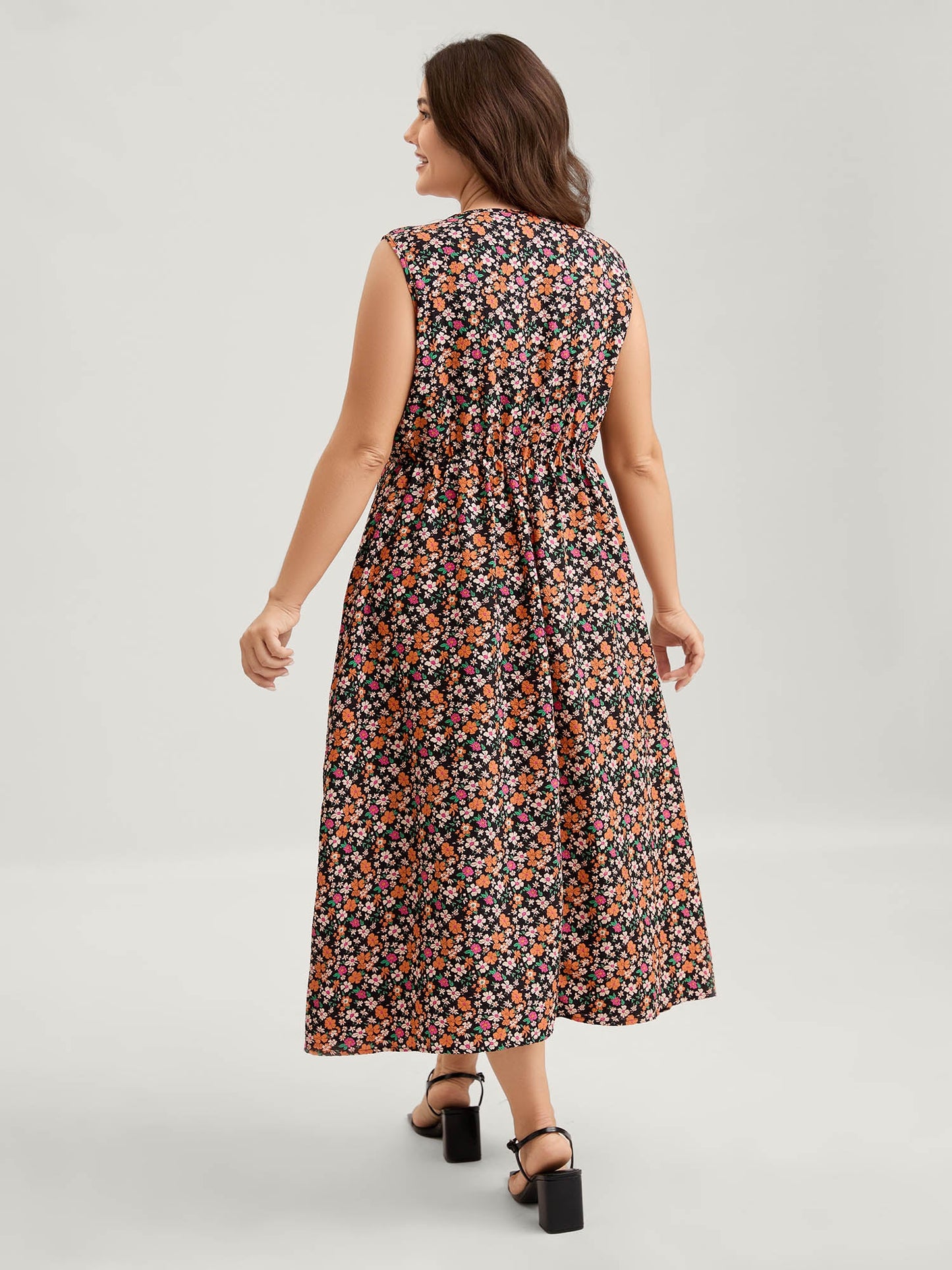 Floral Waist Tie Side Pockets Midi Dress
