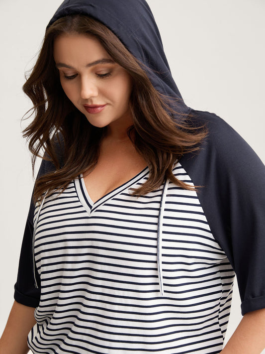 Striped Raglan Hooded Contrast T-Shirt