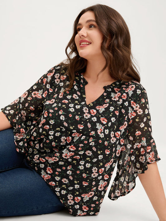 Chiffon Floral Ruffled Sleeve Blouse