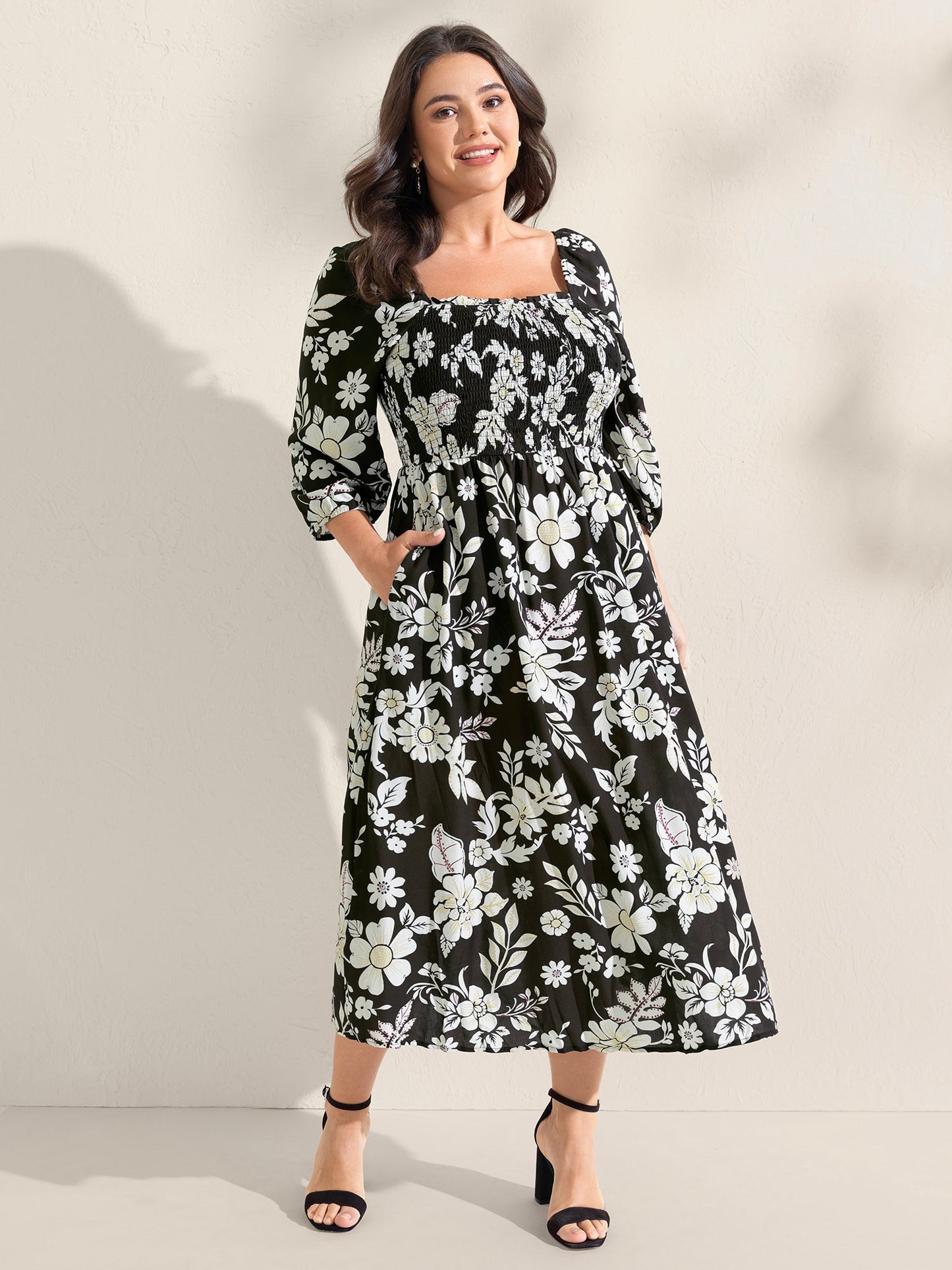 Floral Print Slit Shirred Bodice Midi Dress