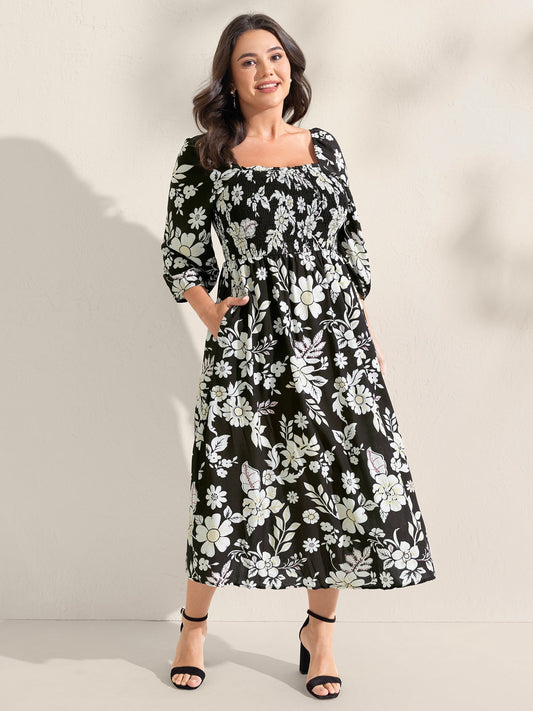 Floral Print Slit Shirred Bodice Midi Dress