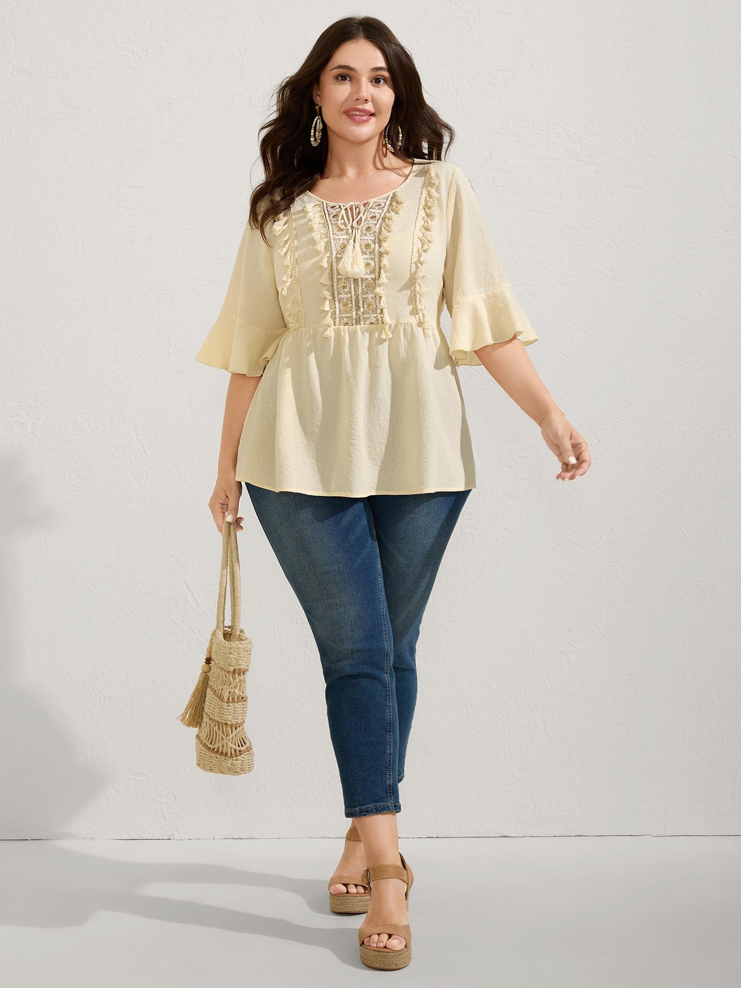 Cotton Tassel Neckline Ruffled Sleeve Solid Top