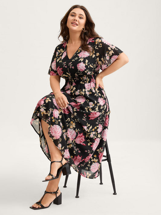 Sweet Floral Shirred Waist Cinched Midi Dress