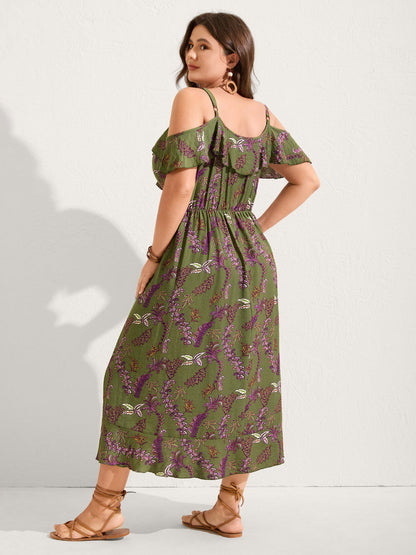 Boho Floral Ruffled Off-Shoulder Midi Dress