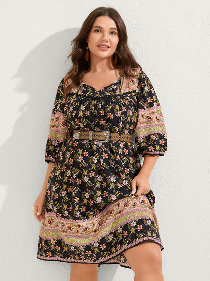 Floral Print Puffy Sleeve Pleated Midi Dress