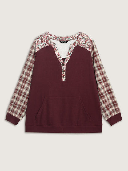 Mixed Print Textured Split Neck Sweatshirt