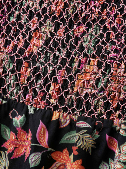 Net Shirred Paisley Print Midi Dress
