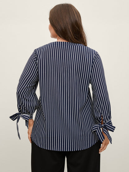 Striped Notched Collar Sleeve Tie Blouse